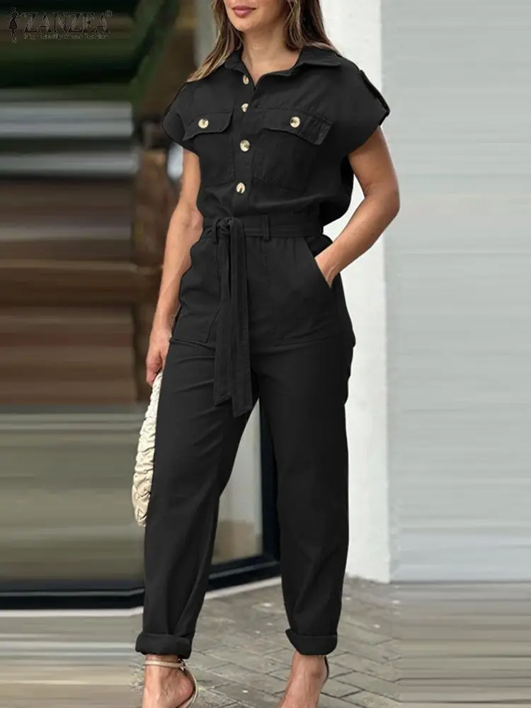 Summer Rompers ZANZEA Fashion Women Cargo Jumpsuits Vintage Short Sleeve Lapel Neck Playsuits Casual Solid Long Overalls Trouser