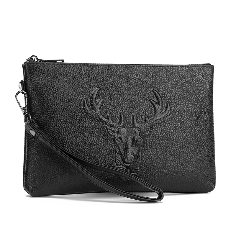 FEIDIKABOLO Cow Leather Clutch Wallet for Men Long Design Fashion Emboss Deer Man Bag Purse Classic Design Man Mobile Cash Purse