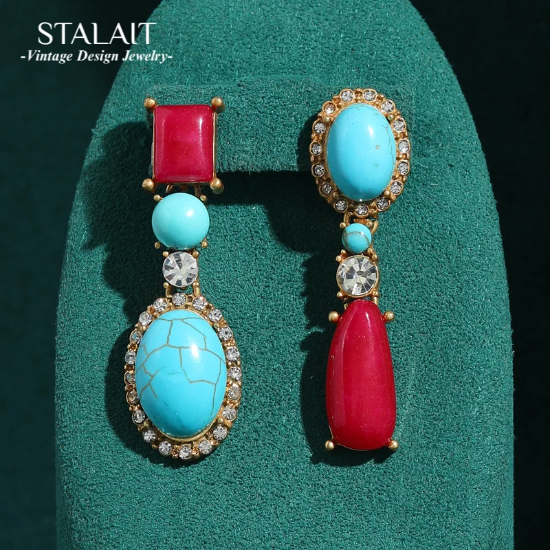 Retro Oval Asymmetric Geometry Turquoise Earrings Red Agate Vintage Luxury Quality Jewelry Designer Woman Antique Gold Color