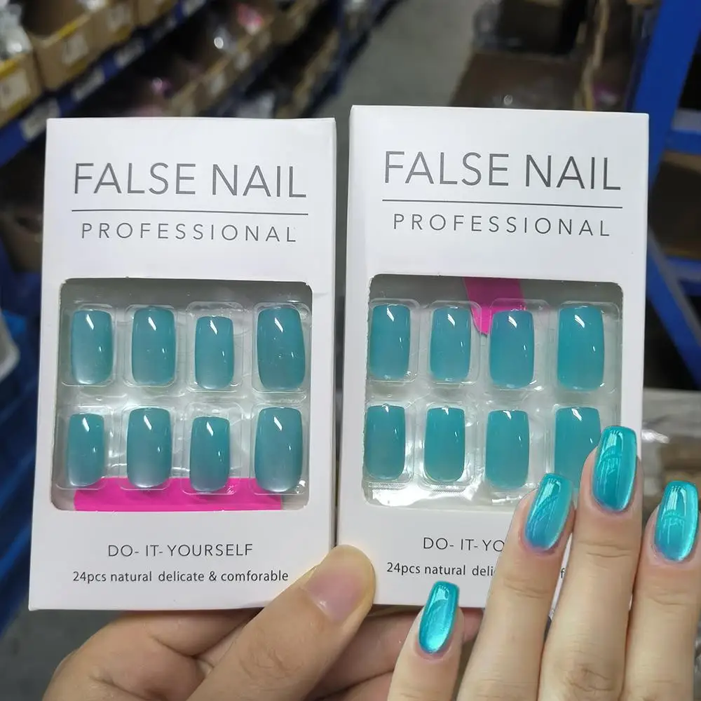 24 pièces brumeux bleu oeil de chat presse sur ongles court carré hiver noël faux ongles avec 1 gelée autocollants et fil de noël faux doigt