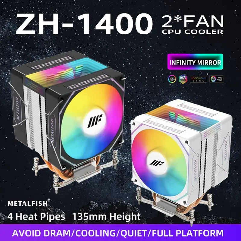 

METALFISH ZH1400 Dual Fan CPU Cooler PC Radiator 4PIN PWM ARGB Silent Fan For Intel 1700 1200 115X 1366 2011 AMD AM5 AM4 X99 X79