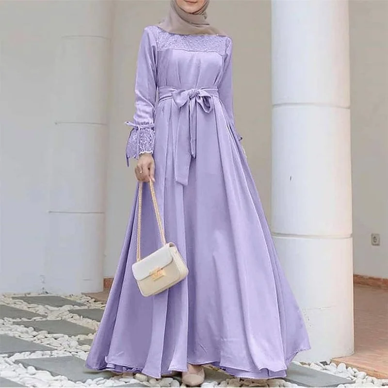 

2023 European and American Abaya Femme Solid Color Collage Slim Robe Femme Musulman Large Skirt Casual Women's Dress Wholesale