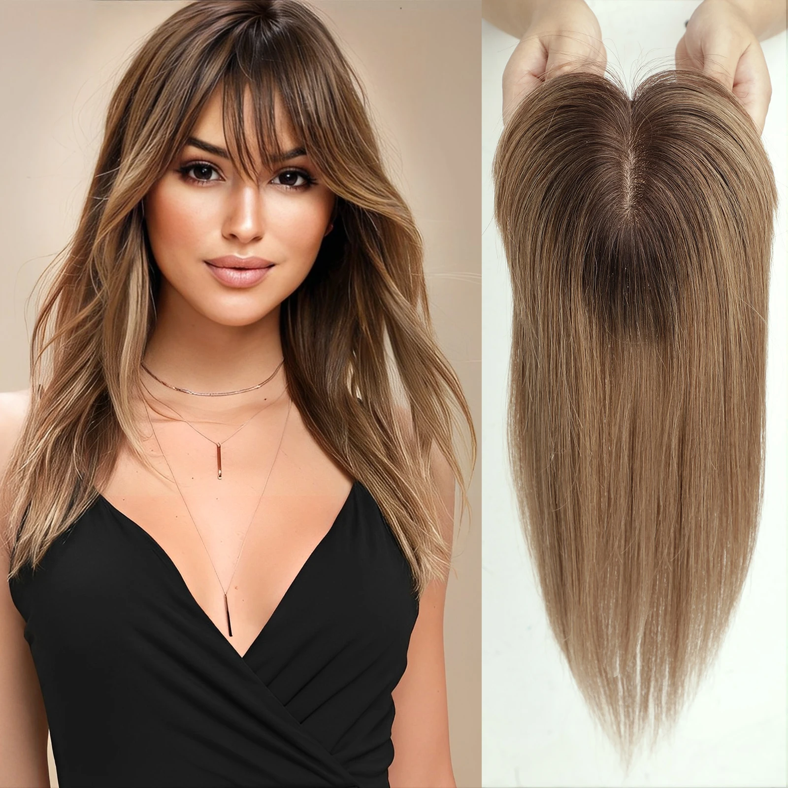 14inch Ombre Brown Real Human Hair Toppers Wigs with Bangs Silk Base Clip Pieces Straight Topper Hairs for Women Hair Extension