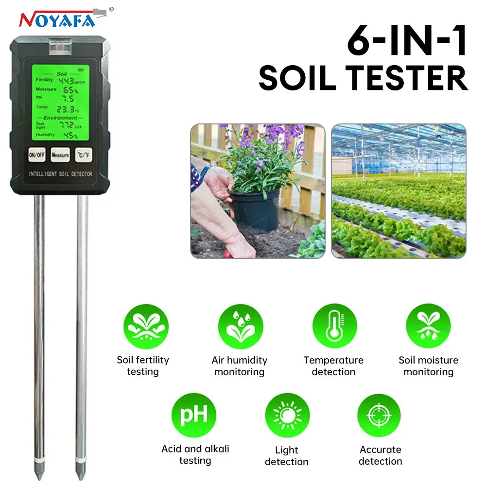 NOYAFA-probador de PH del suelo 6 en 1, medidor Digital de fertilidad/EC/humedad/luz/humedad del aire/Monitor de temperatura, Detector de termómetro de jardín