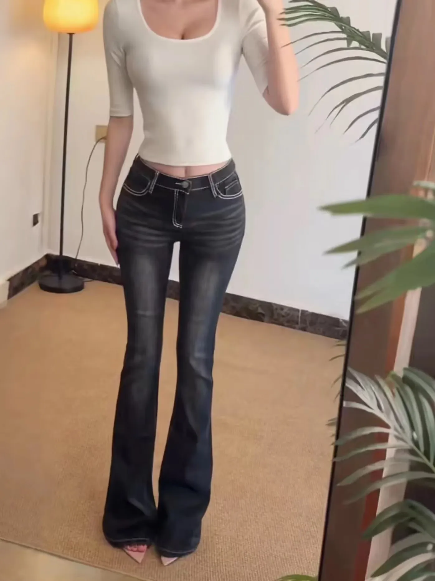 Retro Spicy Girl Low Waist Bell Bottom Jeans Slim Fit Long Pants Korean Version Bright Line Wear Resistant Slim Jeans