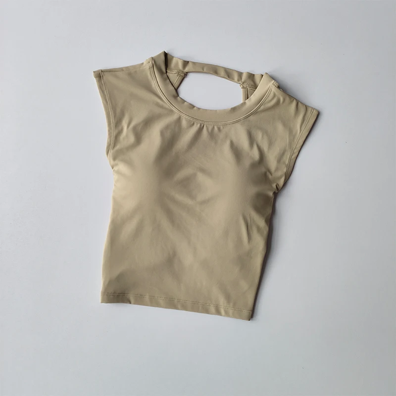 Sexy kurzes, rückenfreies Sport-T-Shirt mit festem Brustpolster, eng anliegendes, schnelltrocknendes, schlankmachendes Yoga-Oberteil für Damen. – Detail 8