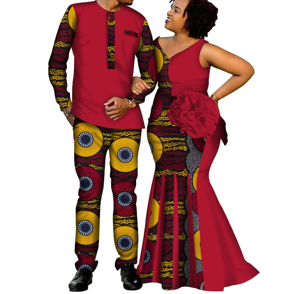 Casal africano combinando roupas para casamento feminino fino sereia vestido bazin riche masculino topo e calça define amante festa de casamento wear