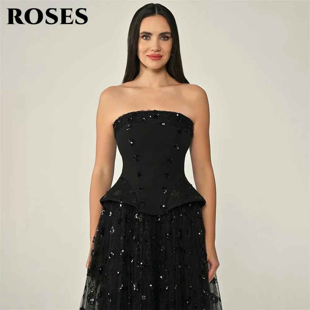 

ROSES Black A Line Prom Dress Satin Bodice Strapless Party Dress with Sequin Tulle Prom Dress Sleeveless Formal Dress Customized