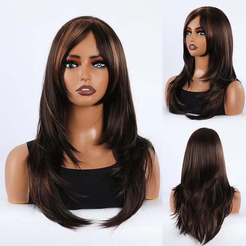 باروكة، غرة طويلة، طول الكتف، شعر متوسط الطول، شعر مستعار من الألياف الاصطناعية باللونين البني والأسود المتدرج