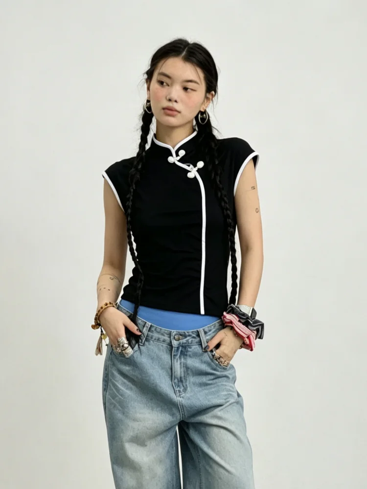 Elegant Oriental Stand Collar Crop Top White Binding Placket Handmade Frog Buttons Slim Waist Streetwear Cheongsam Tee