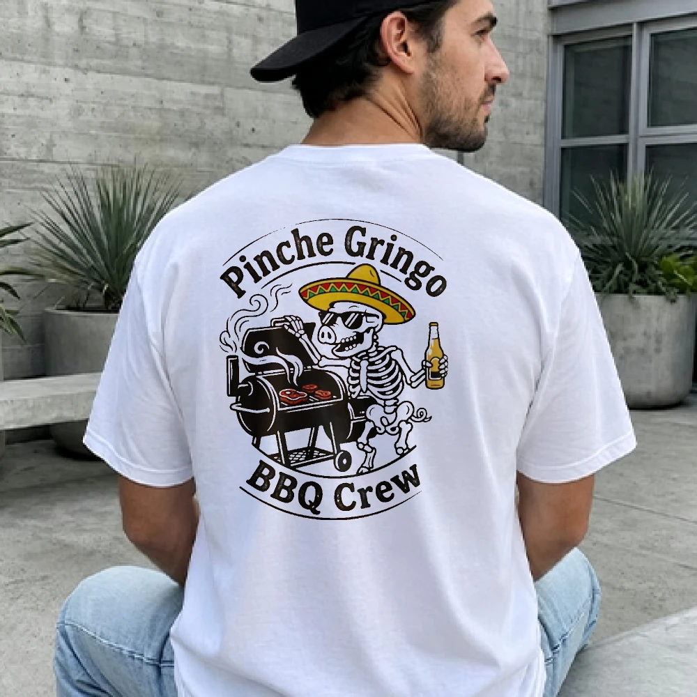 Funny Mexican Grill Short Sleeve Crew Neck Fitted T-Shirt Skeleton Sombrero Beer Bottle Text Pinche Gringo BBQ Crew Dad Backyard