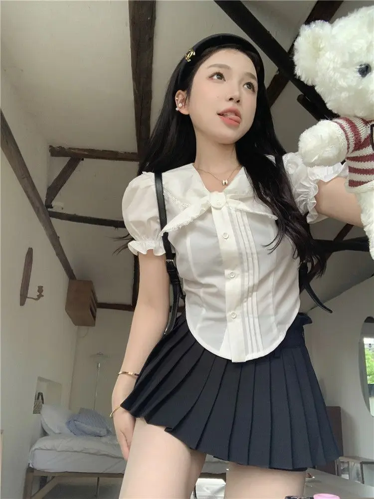 بلوزات حلوة 2025 ملابس نسائية بياقة بيتر بان قمصان بيضاء قطع علوية قصيرة Camisas De Mujer بلوزة صيفية بأكمام منتفخة #2