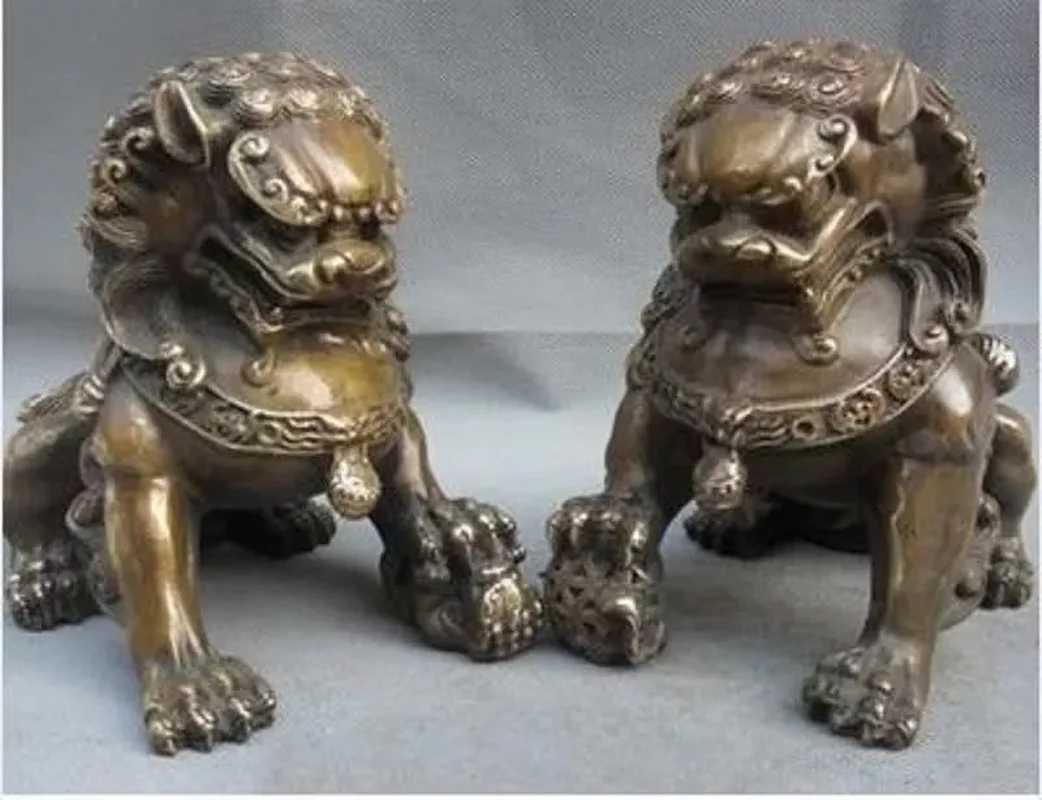 باب الأسود البرونزية القديمة فنغشوي الحرس فو فو الكلاب تمثال الأسد زوج #5