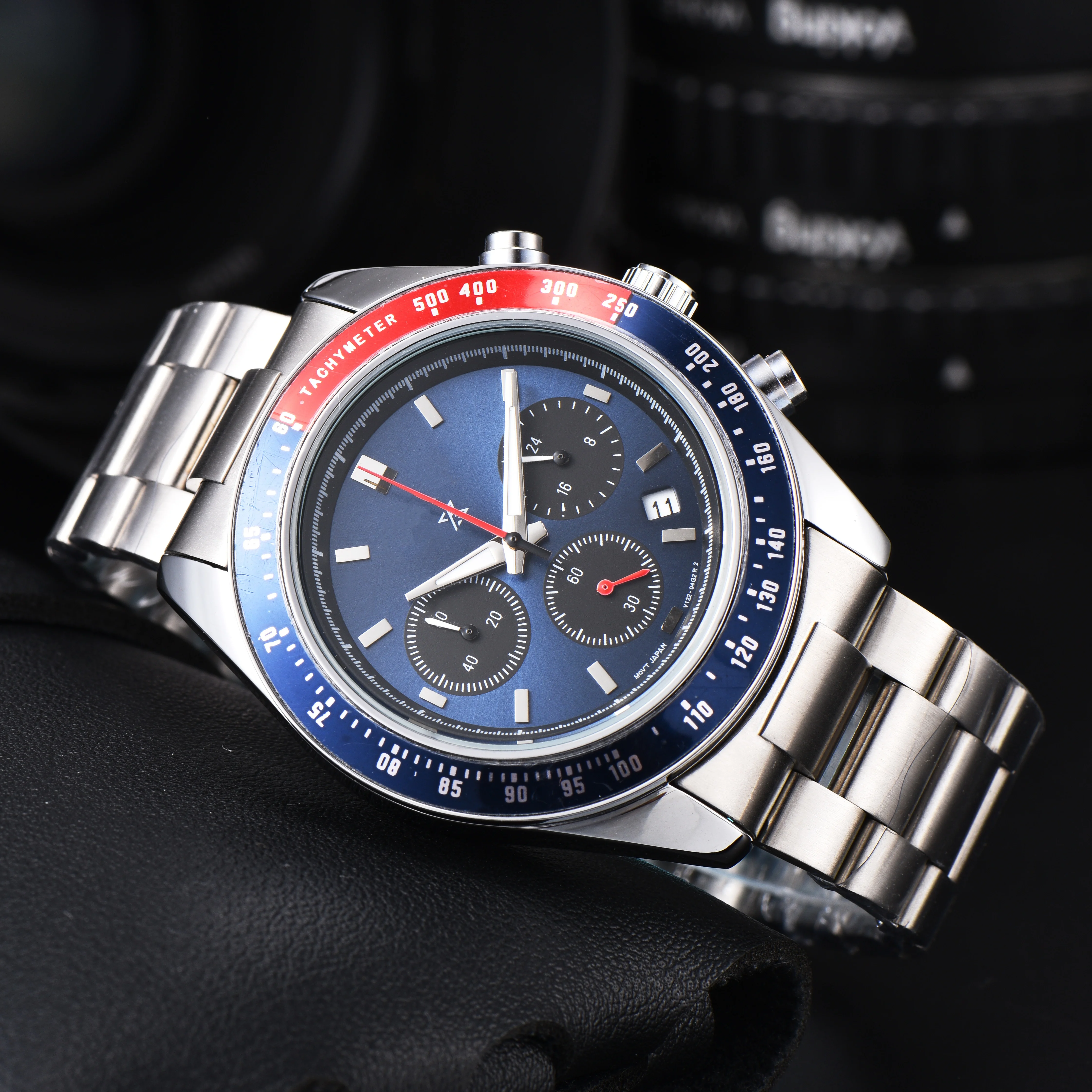 Reloj Cronógrafo para Hombre con Bisel Pepsi, Esfera Azul/Negra, Acero Inoxidable, Taquímetro, Reloj de Pulsera de Cuarzo Clásico con Bisel Pepsi, Reloj de Pulsera de Cuarzo para Hombre con Taquímetro