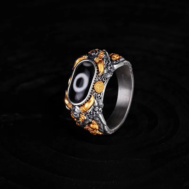 Copper Silver-Plated Dzi Bead Ring for Men, Closed Band Tibetan Chinese Vintage Niche Jewelry