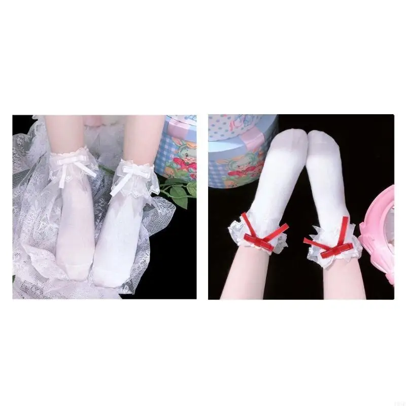 

195E Женские кружевные носки средней длины с рюшами, милые носки принцессы с бантом и лентой