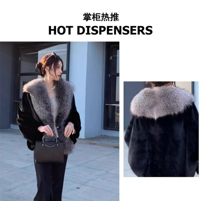 2024 Winter New Mink Skin Whole Mink Casual Short Fur Coat Fox Hair Collar Mink Hair Bat Sleeve