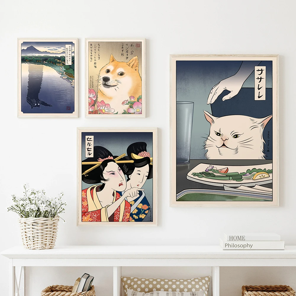 Japan Ukiyoe Style Woman Yelling At Cat Wall Art Canvas Painting Vintage Longcat  Posters Pictures Prints Home Decor Wallpaper