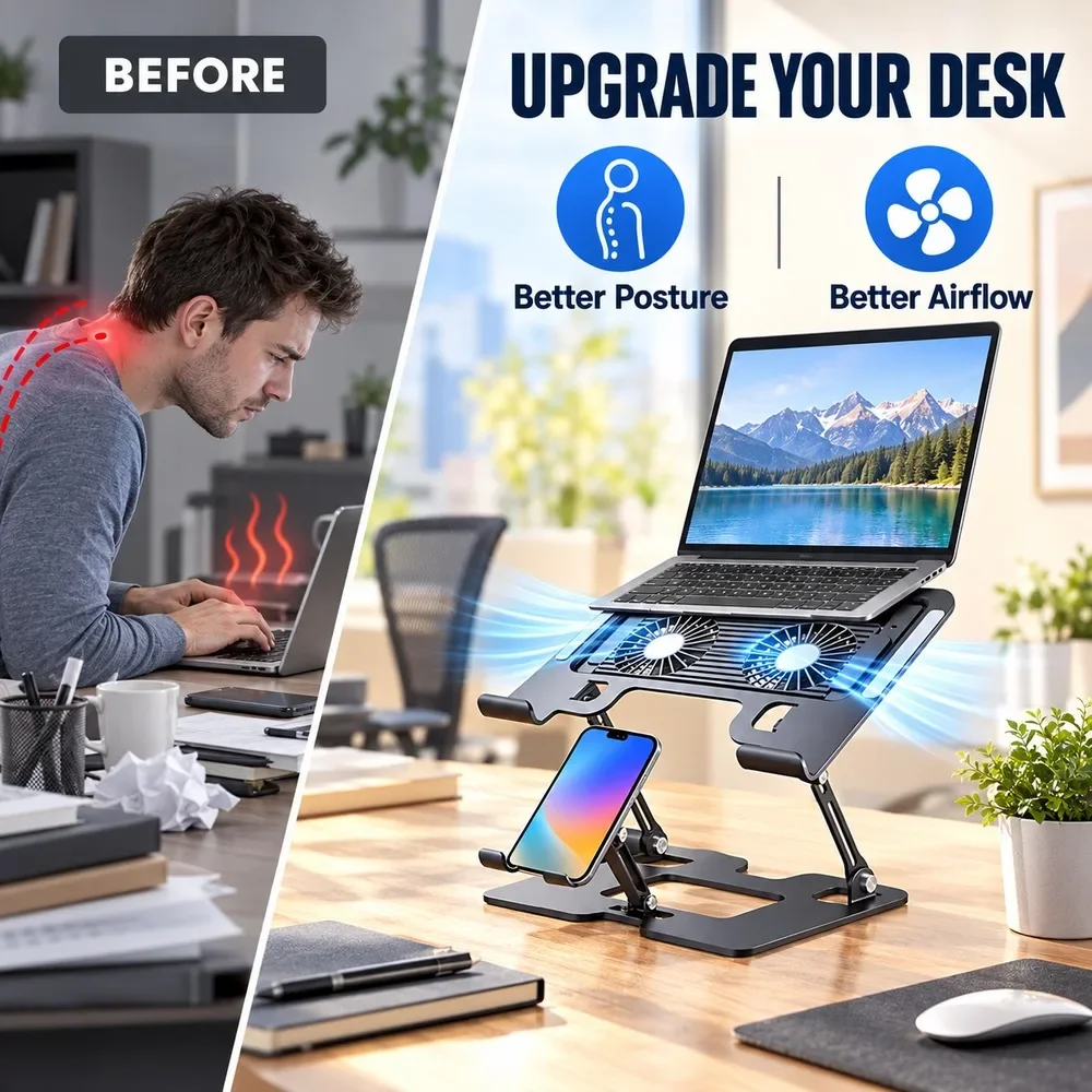 NEW 2-in-1 Adjustable Laptop Stand with Dual Quiet Fans, Foldable Carbon Steel Cooling Riser and Phone Holder for Gaming Office