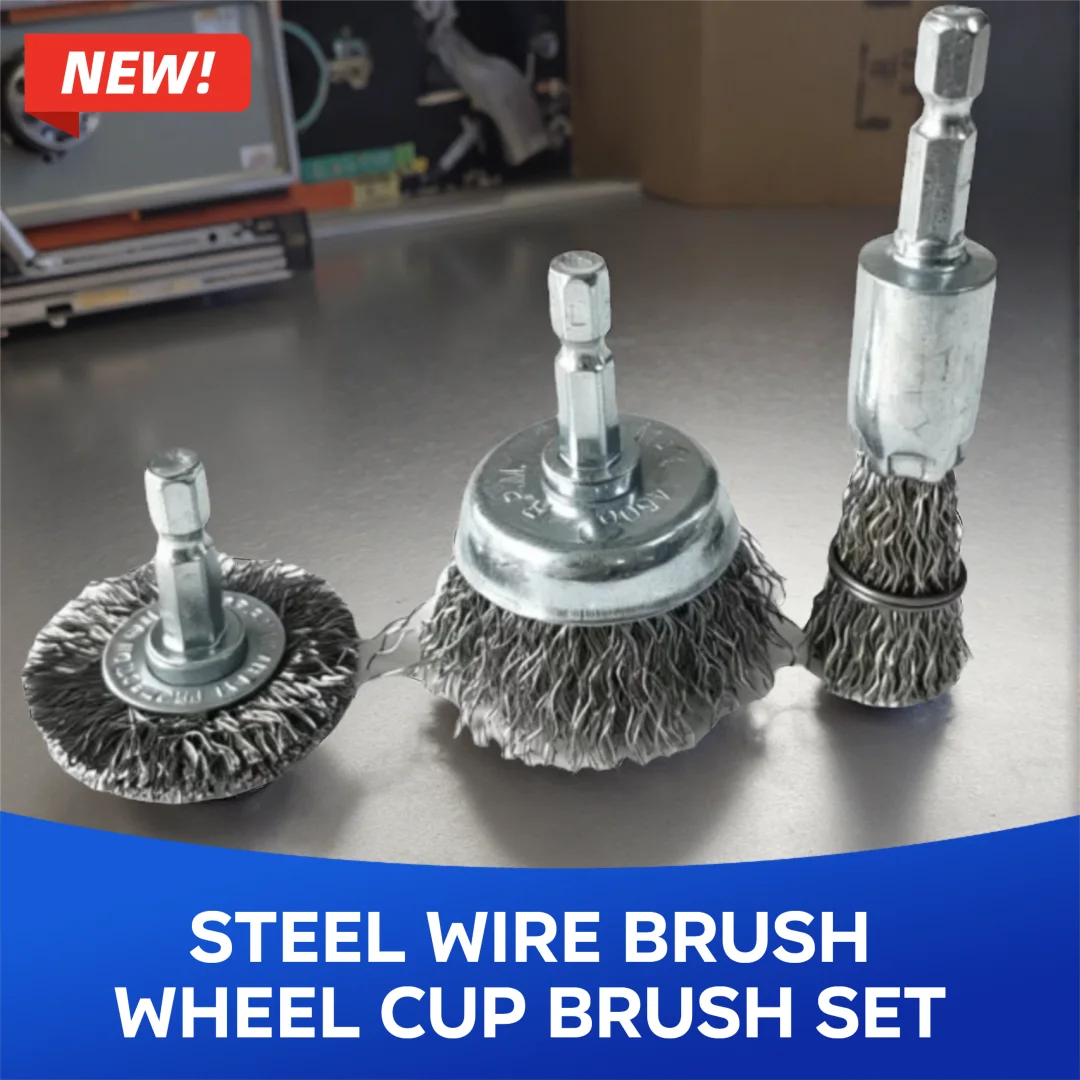 3Pcs Steel Wire Brush Set, Cup Brush & Wheel Brush with 1/4 Inch Hex Shank, Coarse Carbon Steel Crimped Wire Brushes for Drill
