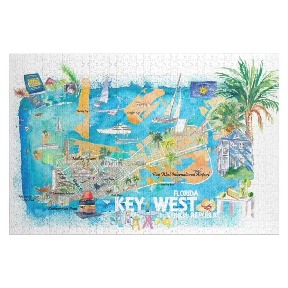 

Key West Florida Illustrated Travel Map with Roads and Highlights Jigsaw Puzzle Christmas Gifts Photo Wooden Adults Puzzle