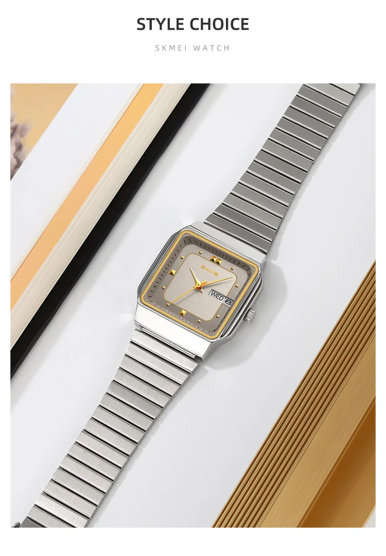 SKMEI 9414 Simple Square Dial Calendar Week Stainless Steel Strap Quartz Watch Men's Waterproof Business Mens Watch Reloj Hombre
