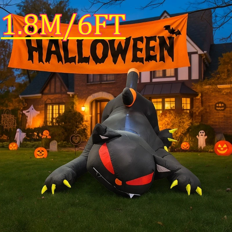 

1.8M Outdoor Holiday Decorations Halloween Toys Black Cat Shakes Head Garden Party Built-in LED Lights Up Ghost Yard Lawn Decor
