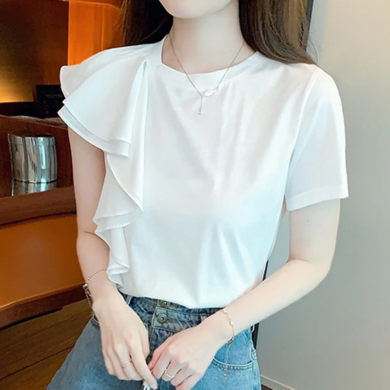 Summer White Irregular Ruffled Blouse Women O Neck Fashion Short Sleeve Elegant Shirt Korean Female Casual Loose Tops 1004