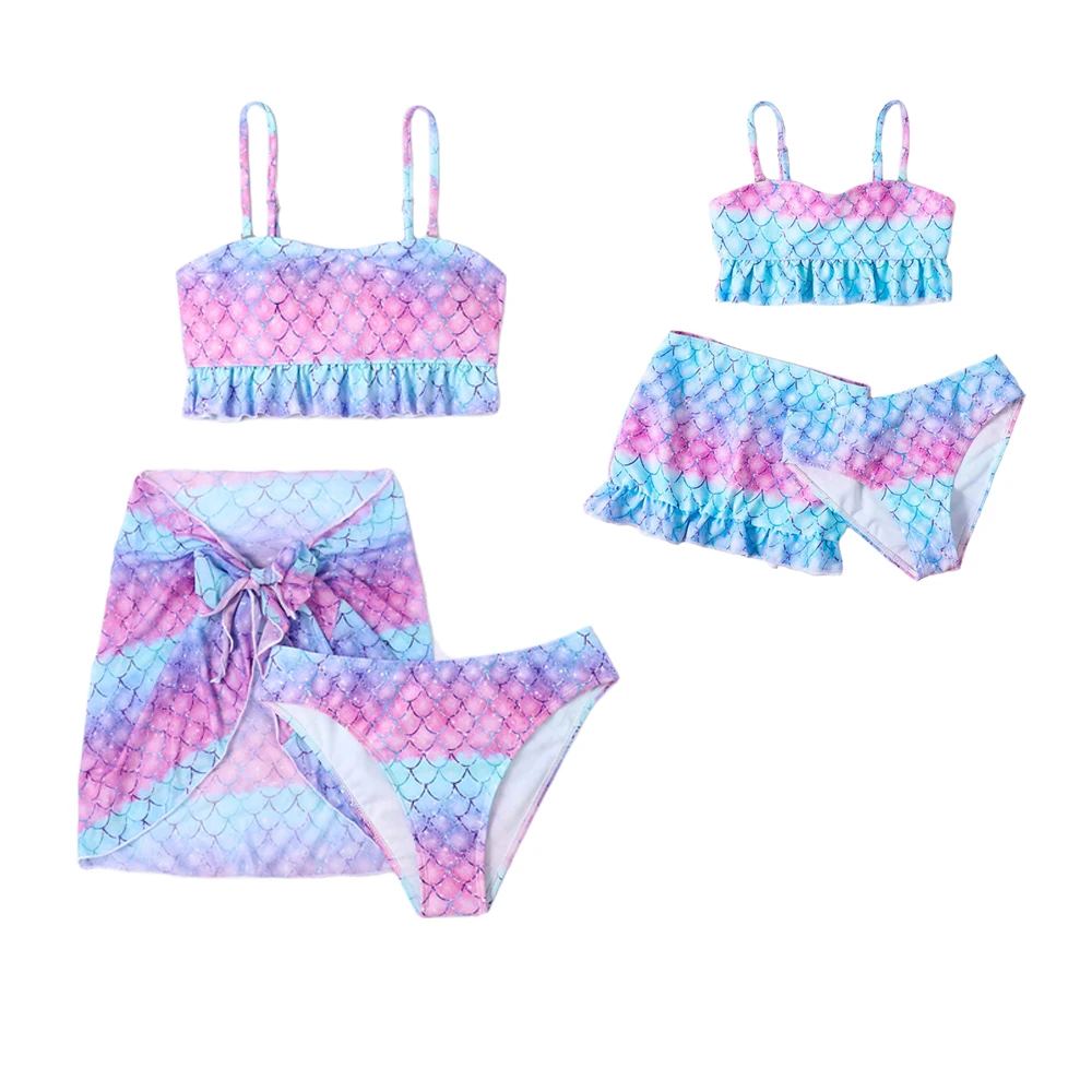 

Fish Scale Swimsuit Family Set Mother Daughter Swimwear Beachwear Mommy and Me Bikini Dresses Clothes Three-Pieces Women Girls