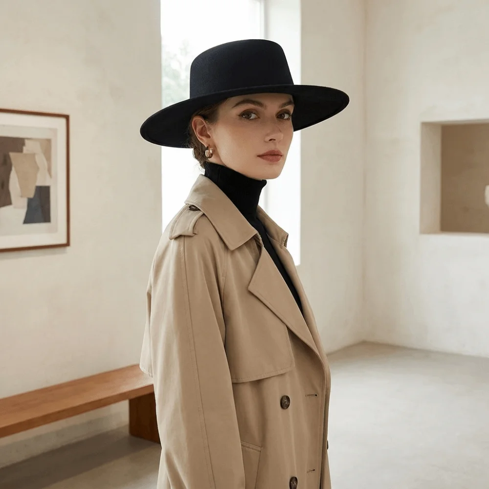 Vintage Solid Color Hepburn Style Bucket Hat British Style Flat Top Wide Brim Felt Hat Fedora Hat Woolen Women Jazz Hat Dinner