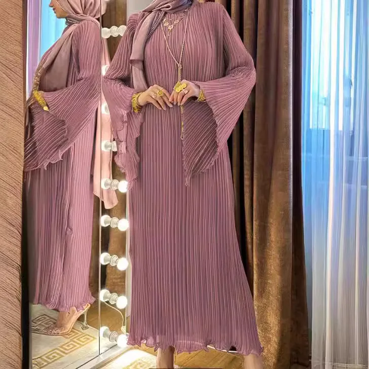 새로운 패션 무슬림 드레스 롱 여성 캐주얼 솔리드 컬러 라운드넥 트럼펫 소매 플리츠 아바야 드레스