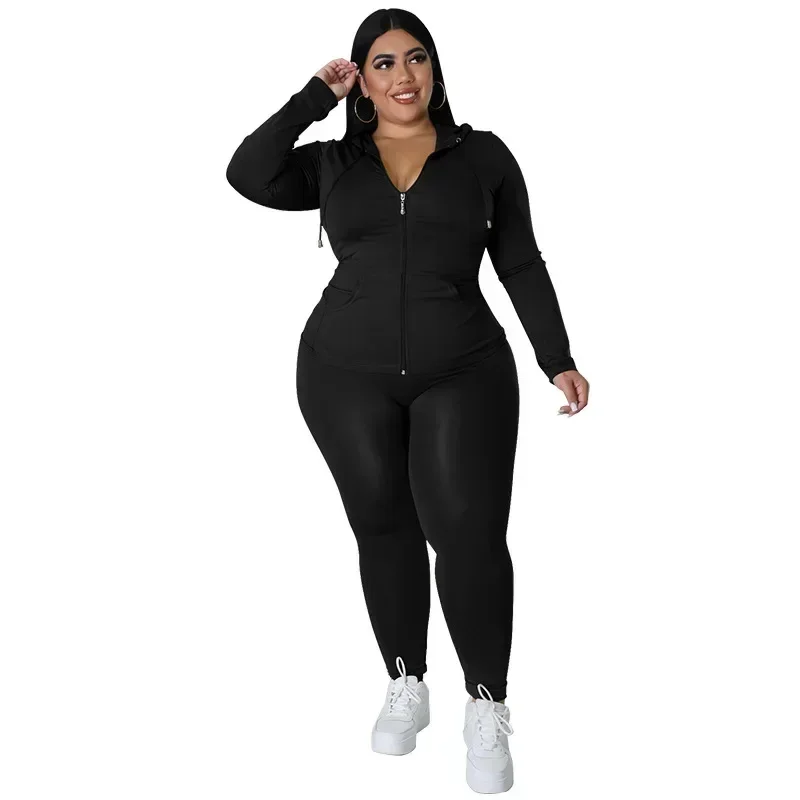 MY998- Novo plus size mm feminino cor sólida outono com capuz calças de manga comprida conjunto casual da moda, roupas femininas plus size