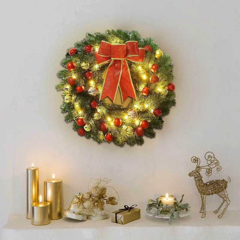 Christmas 40X40cm flower wreath, big red bow and colorful ball strap, warm white LED light, front door lighting decoration