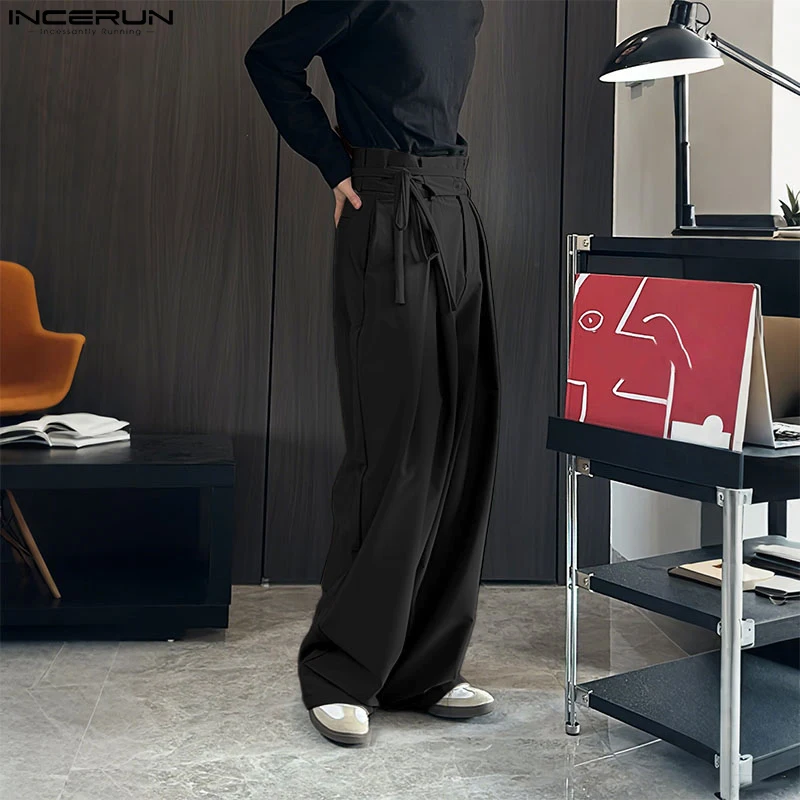 

INCERUN Men Pants Solid Color Button Joggers Loose Casual Wide Leg Trousers Men Streetwear 2025 Pleated Fashion Long Pants S-5XL