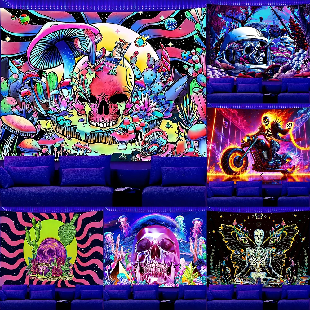 

Colorful Glow-in-the-Dark Skull Themed Tapestry UV reaction tapestry background decoration wall hanging bedroom party decoration