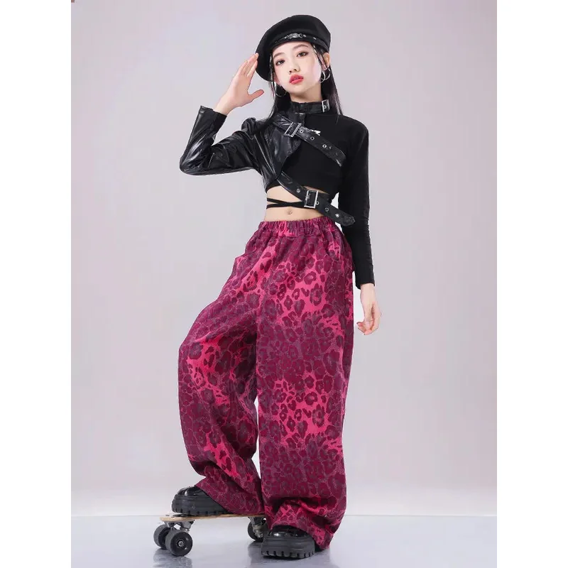 Ropa de actuación de baile de Jazz, trajes umbilicales, ropa de ensayo de pasarela para niñas, conjunto de pantalones cortos con estampado de leopardo rosa de 6 a 16 años