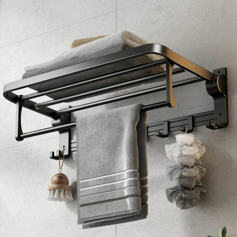 

24 Inch Towel Rack with Towel Bar Holder Foldable Towel Shelf with Movable Hooks Rustproof Towel Storage Wall Mount for Bathroom