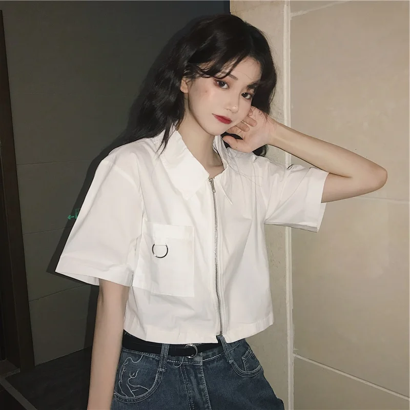 

Short Sleeve White Shirt Zipper Jacket Women's Summer Thin Short Coat Large Size Fat Design Street Style Cool French Crop Top