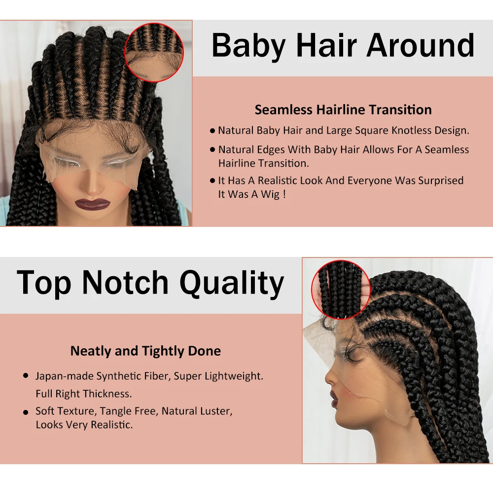 32In Full Lace Cornrow Braided Wigs Synthetic Braiding Hair Wigs Knotless Lace Frontal Braids Wig with Baby Hair for Black Women