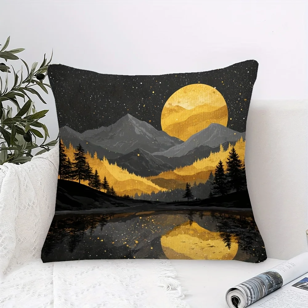 Black Pillow Cover Golden Moon Mountain Landscape Starry Night Art Print 18x18 Inch Square Decor