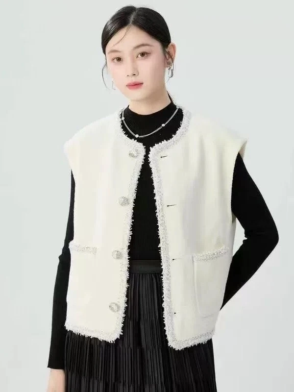 

Koja New 2025 Autumn Winter Loose round Ne Svel Tweed Sle Women's Vest Jaet Faionable Versatile Woolen Outerwear
