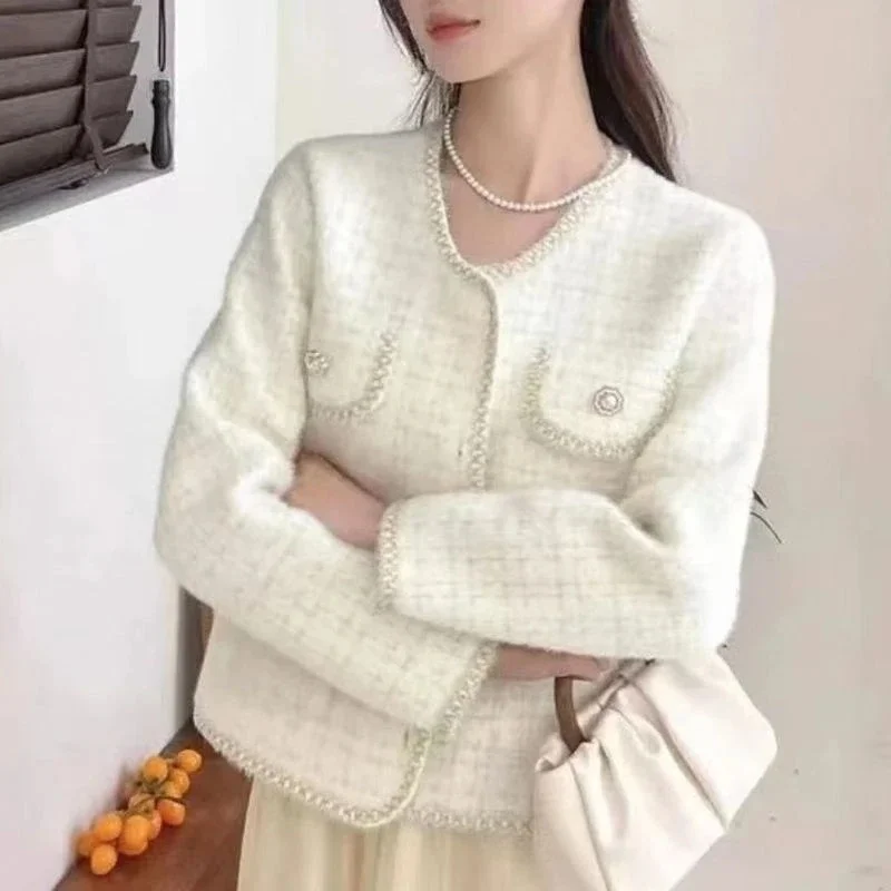 Spring Autumn 2026 New Small Fragrant Style Jacket Women's Coat Top White Black Imitate Mink Fur Cardigan Jacket Outerwear