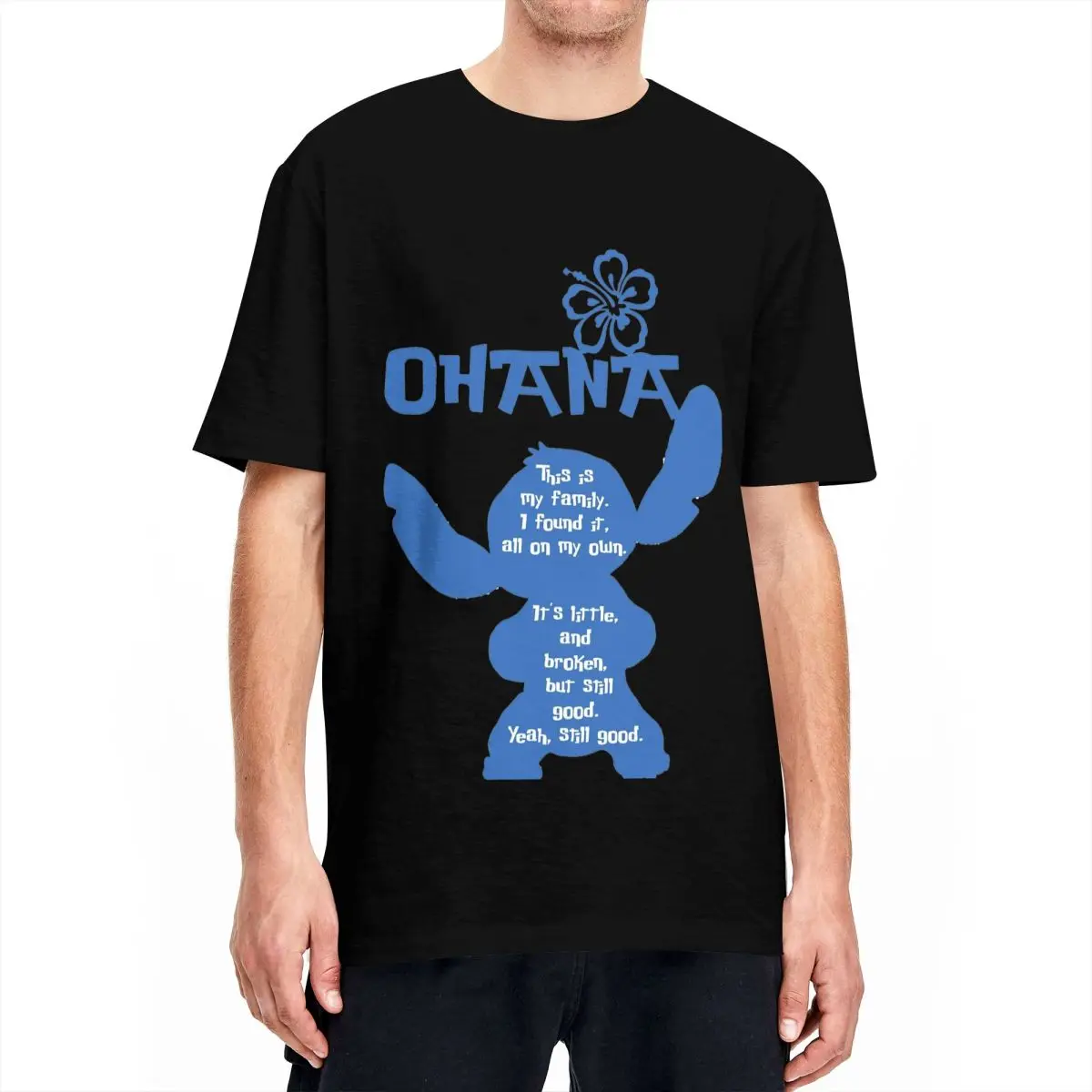 Streetwear T-Shirt Stitch Ohana Means Family 100% Cotton T-Shirts Cute Blue Cartoon Tee Shirt for Man Casual Short Sleeve Tops