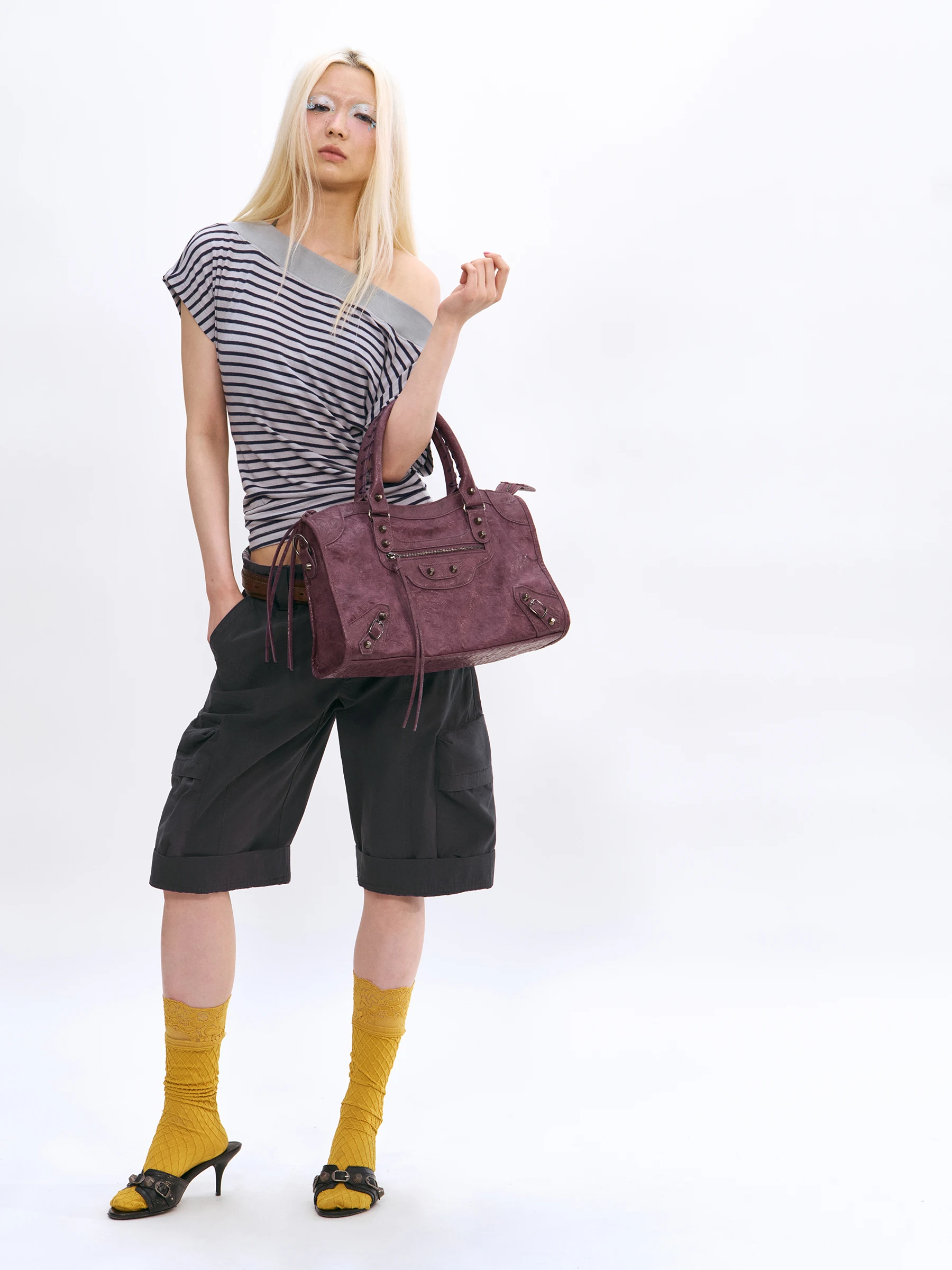 Comfortable  Linen Short Sleeve T-Shirt One-Shoulder Pleated Hem Sleeveless Striped Casual Loose Fit Women's Top