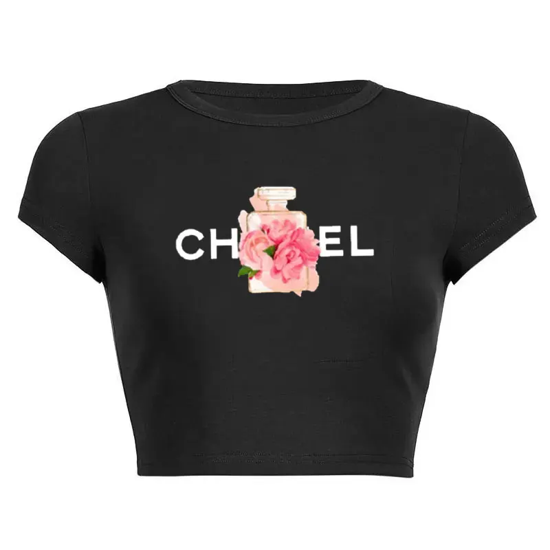 Summer Women T-Shirt Alphabet Flowers Perfume Print Cotton Cropped Navel Short Sleeve Tee Solid Color Street Y2K Top Female Tees