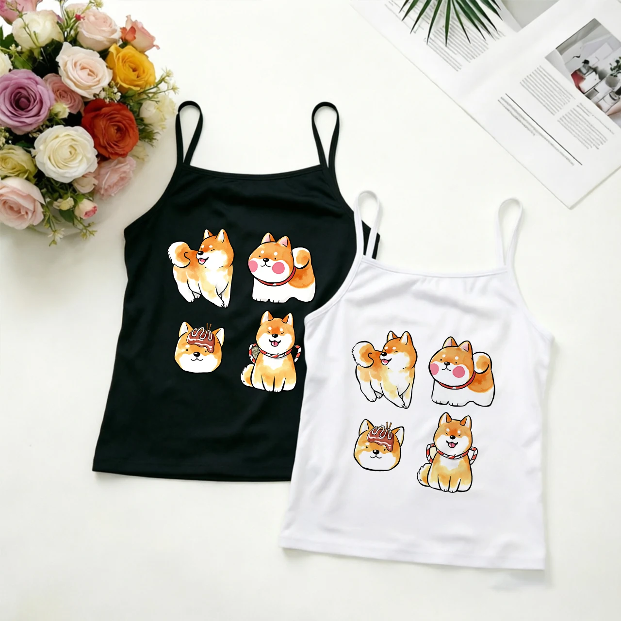 Cute Cartoon Shiba Inu Graphic Cami Top Lovely Puppy Dog Printed Camisole Slim Fit Sleeveless Summer Tank Top for Women