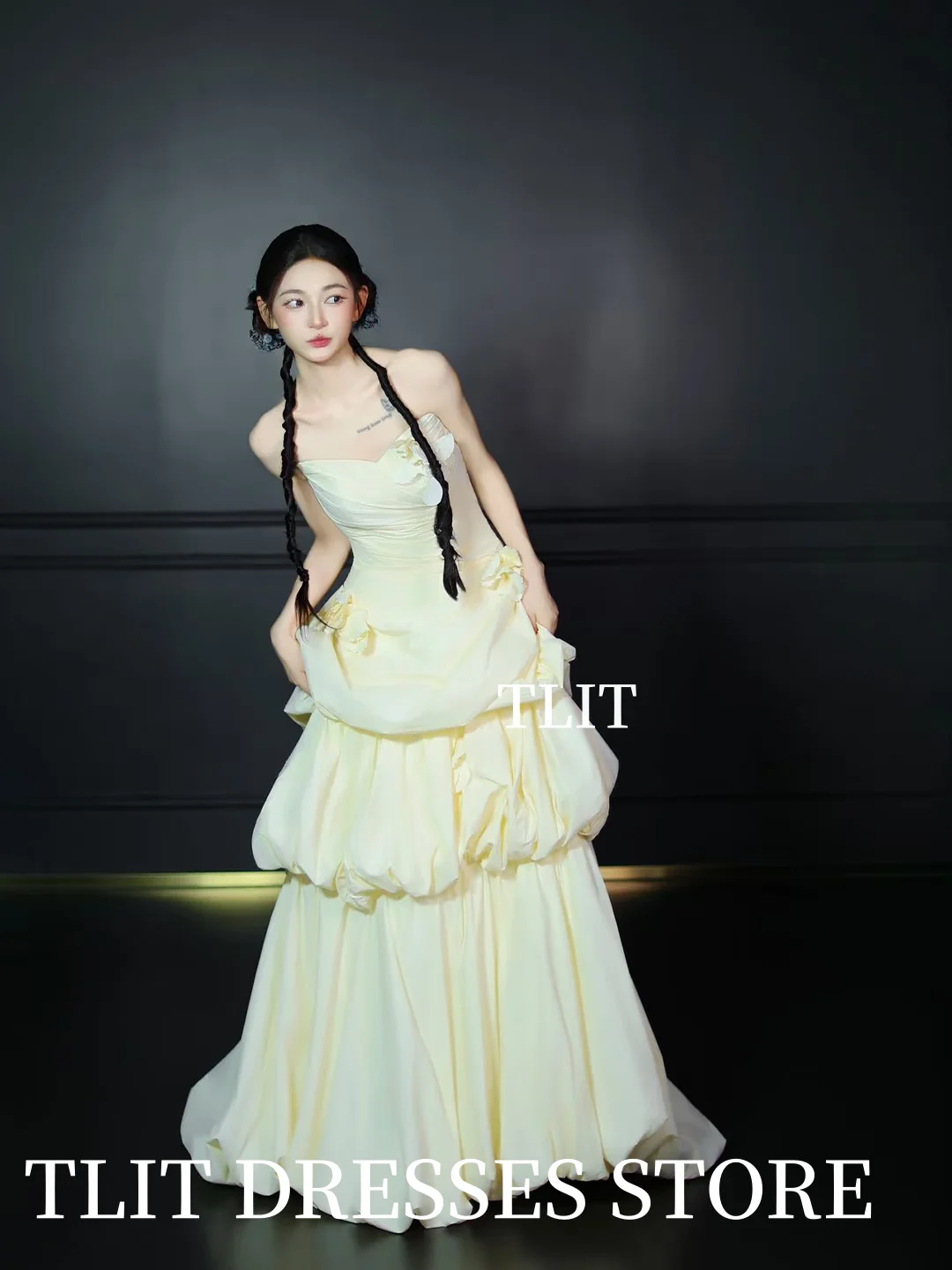 TLIT Elegante abito da sposa in raso con fiori giallo chiaro senza spalline a strati abito da ballo abito da sposa coreano foto riprese personalizzate