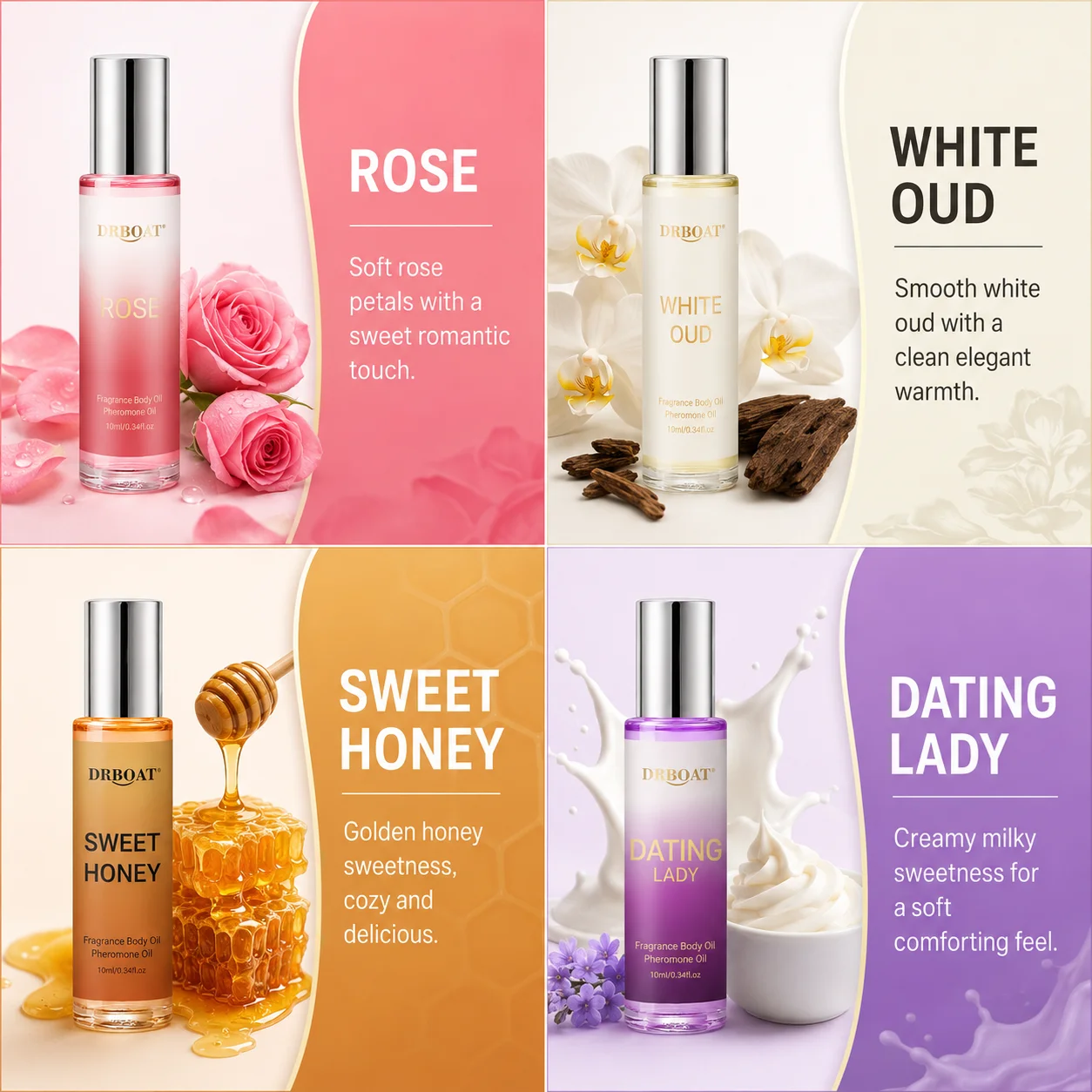 4Pcs 10ML Roll‑On Pheromone Oil Set - Portable Fragrance Oil,Rose White Oud Honey Milk Scent Eau de Parfum Traveling or Dating.