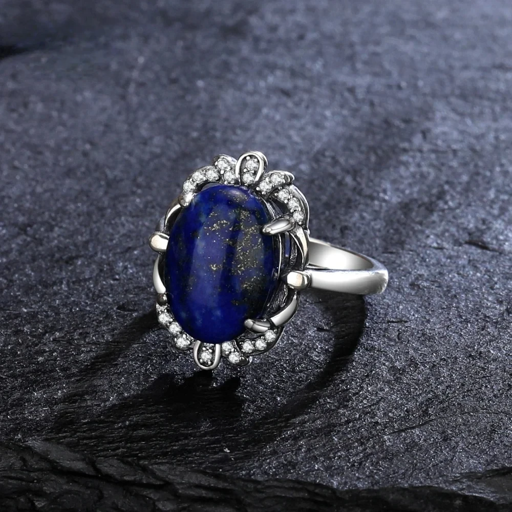 

Natural Lapis Lazuli Ring 925 Sterling Silver Rings for Women Vintage 10*14MM Moonstone Labradorite Jewelry Gifts