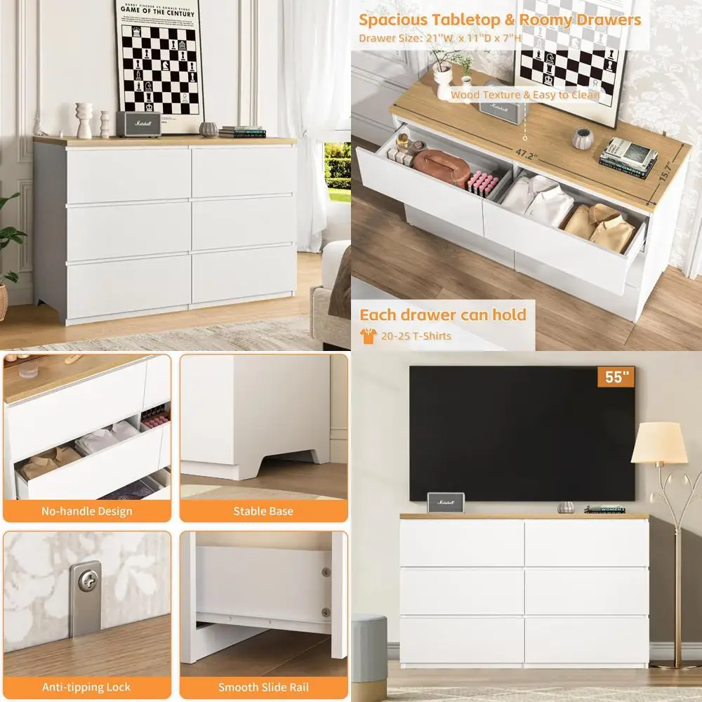 خزانة تخزين حديثة بيضاء مقاس 47 بوصة مع 6 أدراج ومنظم وحدة تحكم تلفزيون منزلقة